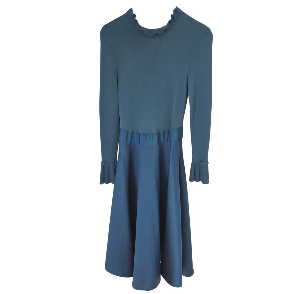 Ted Baker Teal Blue Ruffle Neck Long Sleeve Fit and Flare Midi Dress Size 2